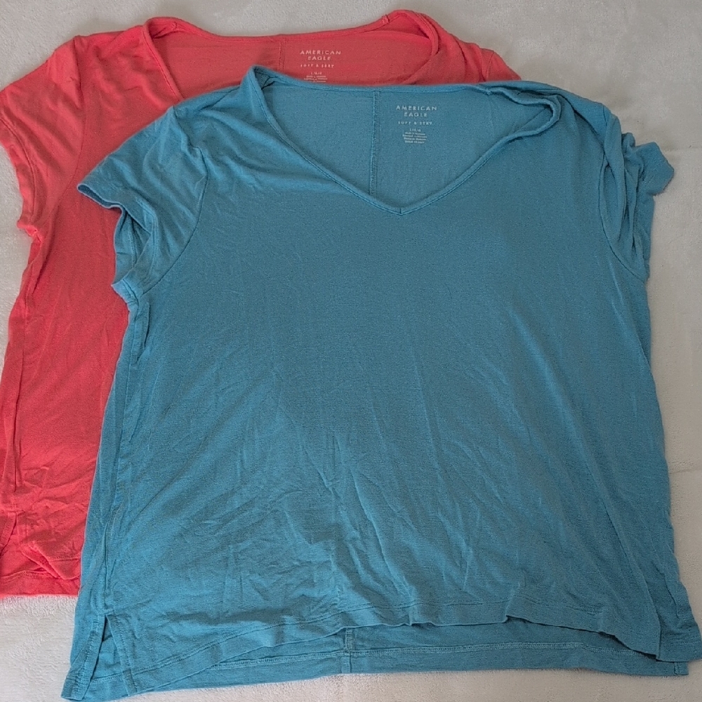 Two Soft and Sexy American Eagle Blue and Coral T-Shirts large New without tags